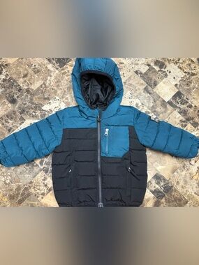 Nano Teal and Black Hooded Puffer Jacket for Kids 12 months